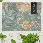 トロピカルウォーターのカラー金ゴールドとグリーン葉のパターン キッチンタオル (折り畳み)