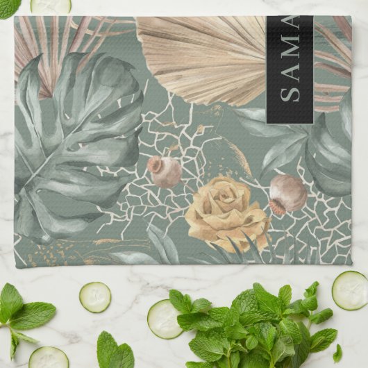 トロピカルウォーターのカラー金ゴールドとグリーン葉のパターン キッチンタオル (折り畳み)