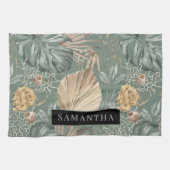 トロピカルウォーターのカラー金ゴールドとグリーン葉のパターン キッチンタオル (横)