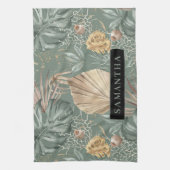 トロピカルウォーターのカラー金ゴールドとグリーン葉のパターン キッチンタオル (縦)