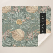 トロピカルウォーターのカラー金ゴールドとグリーン葉のパターン シェルパブランケット (正面(横))