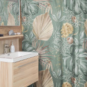 トロピカルウォーターのカラー金ゴールドとグリーン葉のパターン シャワーカーテン