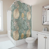 トロピカルウォーターのカラー金ゴールドとグリーン葉のパターン シャワーカーテン (インサイチュ)