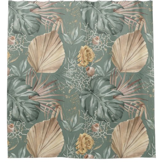 トロピカルウォーターのカラー金ゴールドとグリーン葉のパターン シャワーカーテン (正面)