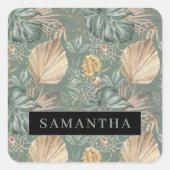 トロピカルウォーターのカラー金ゴールドとグリーン葉のパターン スクエアシール (正面)