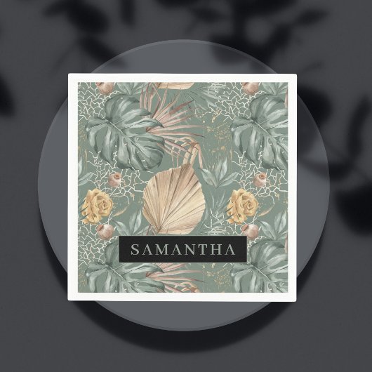 トロピカルウォーターのカラー金ゴールドとグリーン葉のパターン スタンダードカクテルナプキン