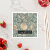 トロピカルウォーターのカラー金ゴールドとグリーン葉のパターン スタンダードカクテルナプキン (インサイチュ)