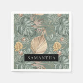 トロピカルウォーターのカラー金ゴールドとグリーン葉のパターン スタンダードカクテルナプキン (正面)