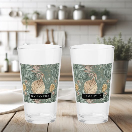 トロピカルウォーターのカラー金ゴールドとグリーン葉のパターン タンブラーグラス
