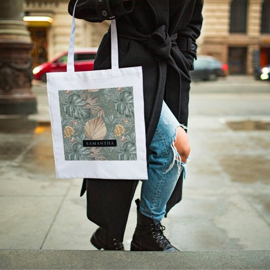 トロピカルウォーターのカラー金ゴールドとグリーン葉のパターン トートバッグ