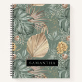 トロピカルウォーターのカラー金ゴールドとグリーン葉のパターン ノートブック (正面)