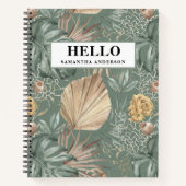 トロピカルウォーターのカラー金ゴールドとグリーン葉のパターン ノートブック (正面)