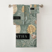 トロピカルウォーターのカラー金ゴールドとグリーン葉のパターン バスタオルセット (インサイチュ)