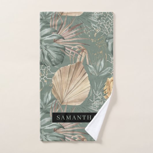 トロピカルウォーターのカラー金ゴールドとグリーン葉のパターン バスタオルセット (ハンドタオル)
