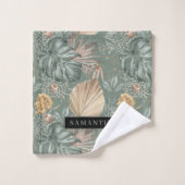 トロピカルウォーターのカラー金ゴールドとグリーン葉のパターン バスタオルセット (ウォッシュタオル)