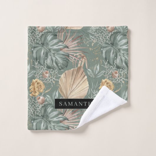 トロピカルウォーターのカラー金ゴールドとグリーン葉のパターン バスタオルセット (ウォッシュタオル)