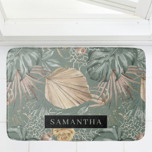 トロピカルウォーターのカラー金ゴールドとグリーン葉のパターン バスマット