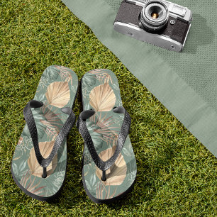 トロピカルウォーターのカラー金ゴールドとグリーン葉のパターン ビーチサンダル