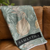 トロピカルウォーターのカラー金ゴールドとグリーン葉のパターン フリースブランケット