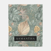 トロピカルウォーターのカラー金ゴールドとグリーン葉のパターン フリースブランケット (正面)