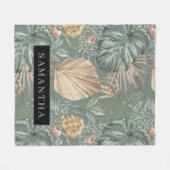 トロピカルウォーターのカラー金ゴールドとグリーン葉のパターン フリースブランケット (正面(横))