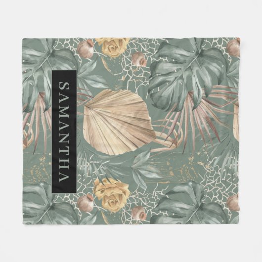 トロピカルウォーターのカラー金ゴールドとグリーン葉のパターン フリースブランケット (正面(横))