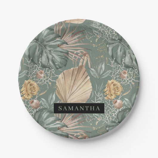 トロピカルウォーターのカラー金ゴールドとグリーン葉のパターン ペーパープレート (正面)