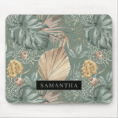 トロピカルウォーターのカラー金ゴールドとグリーン葉のパターン マウスパッド (正面)