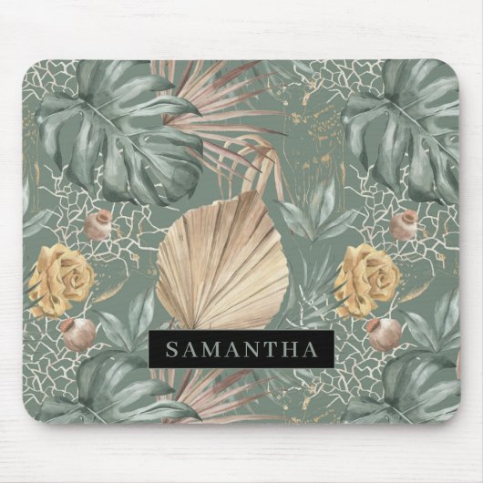 トロピカルウォーターのカラー金ゴールドとグリーン葉のパターン マウスパッド (正面)