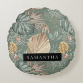 トロピカルウォーターのカラー金ゴールドとグリーン葉のパターン ラウンドクッション (正面)