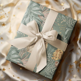 トロピカルウォーターのカラー金ゴールドとグリーン葉のパターン ラッピングペーパーシート