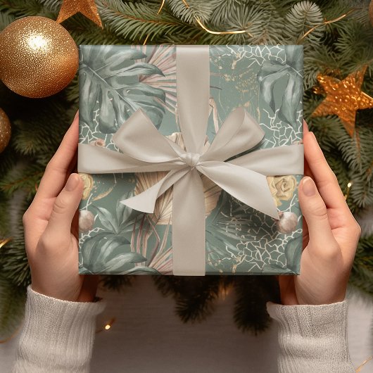 トロピカルウォーターのカラー金ゴールドとグリーン葉のパターン ラッピングペーパー