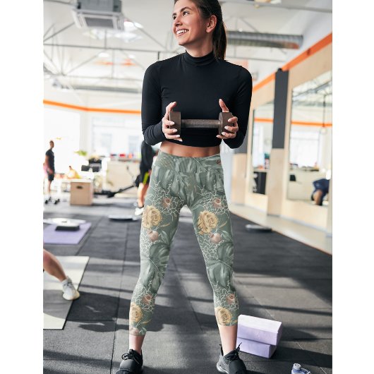 トロピカルウォーターのカラー金ゴールドとグリーン葉のパターン レギンス