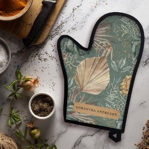 トロピカルウォーターのカラー金ゴールドとグリーン葉のパターン 鍋つかみ&鍋敷きセット