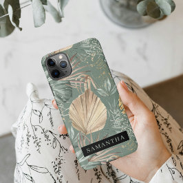 トロピカルウォーターのカラー金ゴールドとグリーン葉のパターン iPhone 11Pro MAXケース