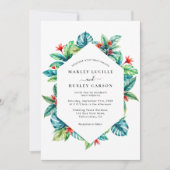 トロピカルウォーターの色の葉のモダン枠結婚の数 招待状 (正面)