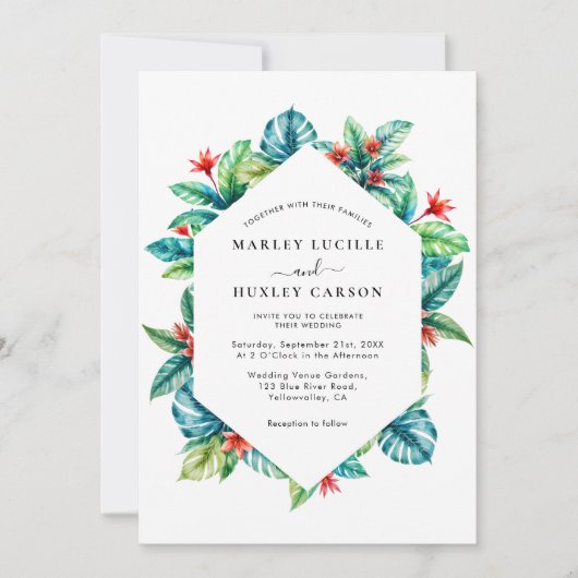 トロピカルウォーターの色の葉のモダン枠結婚の数 招待状 (正面)