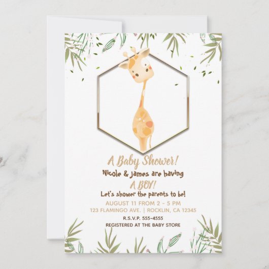 トロピカルウォーターカラーかわいいキリン少年の赤ちゃんシャワー 招待状 (正面)