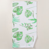 トロピカルウォーターカラーのリーフビーチタオル | ライトグリーン ビーチタオル (正面)