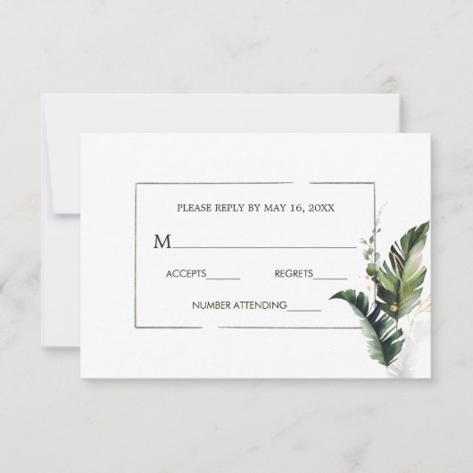 トロピカルウォーターカラーの葉の結婚式RSVPカード 出欠カード (正面)