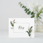 トロピカルウォーターカラーの葉の結婚式RSVP インビテーションポストカード (スタンド正面)