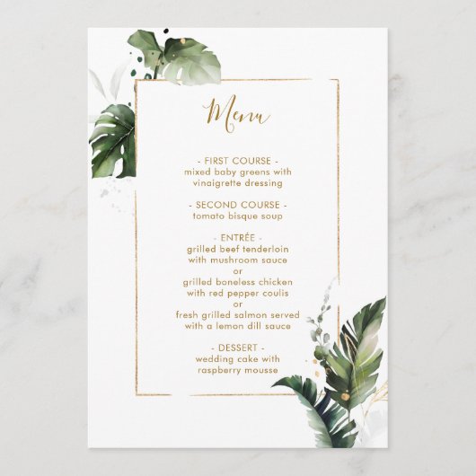 トロピカルウォーターカラーの葉の金ゴールド結婚のメニュー メニュー (正面)