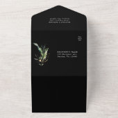 トロピカルウォーターカラーの葉ブラック結婚のQRコード オールインワン招待状 (外側)