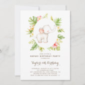トロピカルウォーターカラーエレファントサファリ子供の誕生日 招待状 (正面)