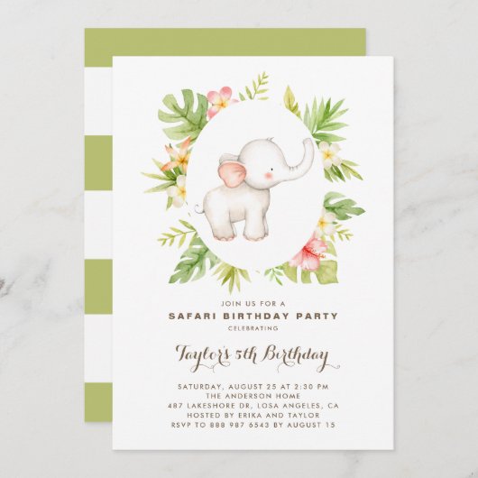 トロピカルウォーターカラーエレファントサファリ子供の誕生日 招待状 (正面/裏面)