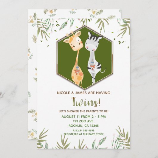 トロピカルウォーターカラーキリン&ゼブラベビーシャワー 招待状 (正面/裏面)