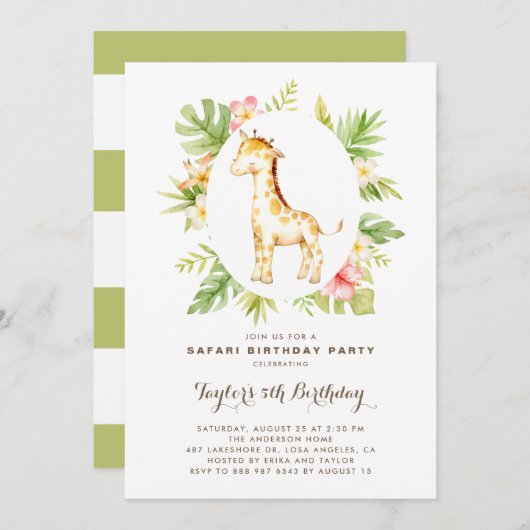トロピカルウォーターカラーキレーフサファリ子供の誕生日 招待状 (正面/裏面)