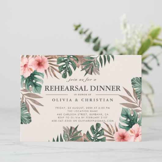 トロピカルウォーターカラーグリーンフローラリハーサルディナー 招待状 (スタンド正面)
