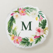 トロピカルウォーターカラーグリーンリーリースモノグラム ラウンドクッション (裏面)