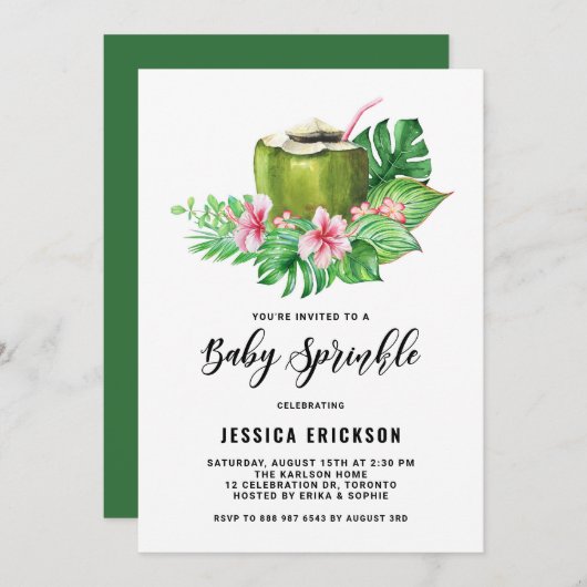 トロピカルウォーターカラーココナッツサマーベビー散布 招待状 (正面/裏面)